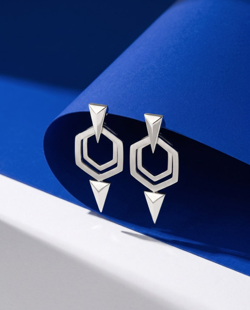 Modern Geometric Silver Earrings: Editorial Photoshoot References
