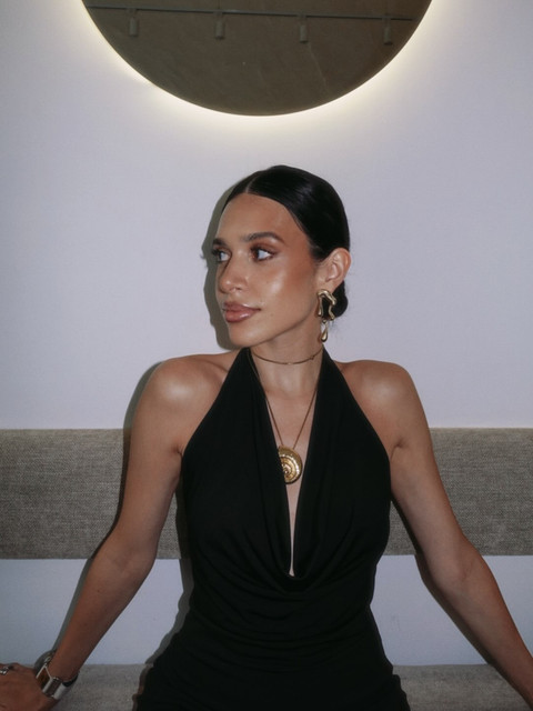Modern Evening Glamour: Black Halter Dress Outfit Ideas - Editorial Photoshoot Pack