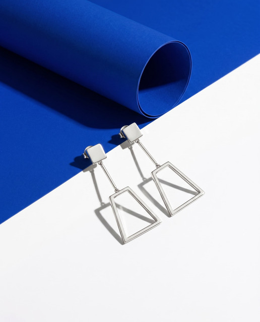 Geometric Silver Dangle Earrings: Modern Editorial Photoshoot Pack