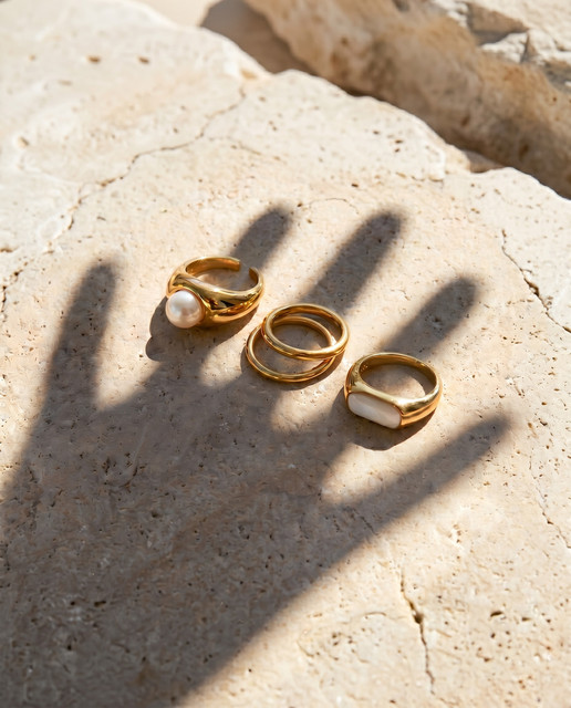 Summer Resort Styling Ideas: Editorial Photo Set with Gold Rings & Pearl Accents