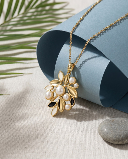 Elegant Pearl & Gold Leaf Necklace Editorial Photoshoot Pack for Resort Wear Styling