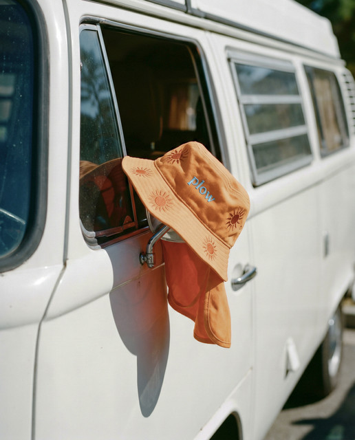 Summer Road Trip Styling Idea: Orange Bucket Hat on Vintage Van Photo Set