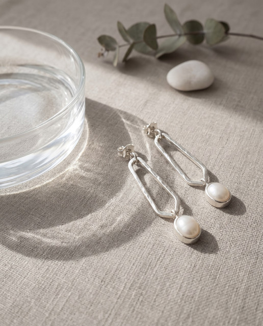 Hammered Silver Pearl Drop Earrings Editorial Photoshoot Pack