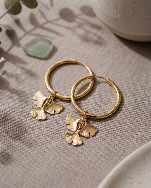 Elegant Gold Ginkgo Leaf Earrings: Editorial Styling Reference Photo Set