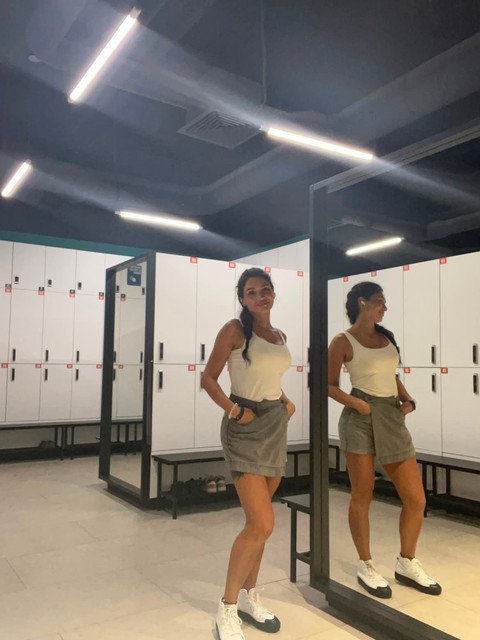 Casual Athleisure Locker Room Photo Set: White Tank & Grey Skort Styling