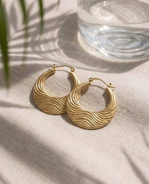 Wavy Gold Hoop Earrings: Serene Editorial Photoshoot Pack for Resort Elegance