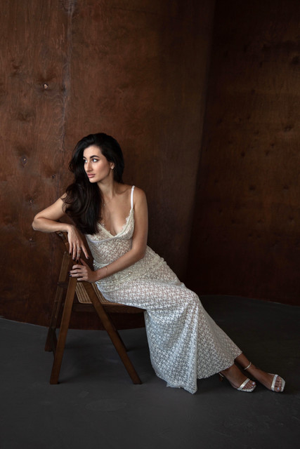 Elegant Sheer Lace Gown Editorial Photoshoot References: Modern Evening Wear Styling in an Intimate Studio