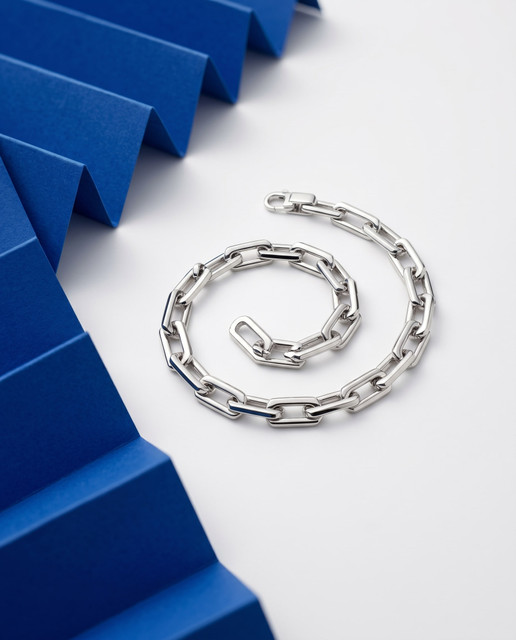 Editorial Silver Chain Necklace Photo Set: Minimalist Studio Shoot with Blue Geometric Accents