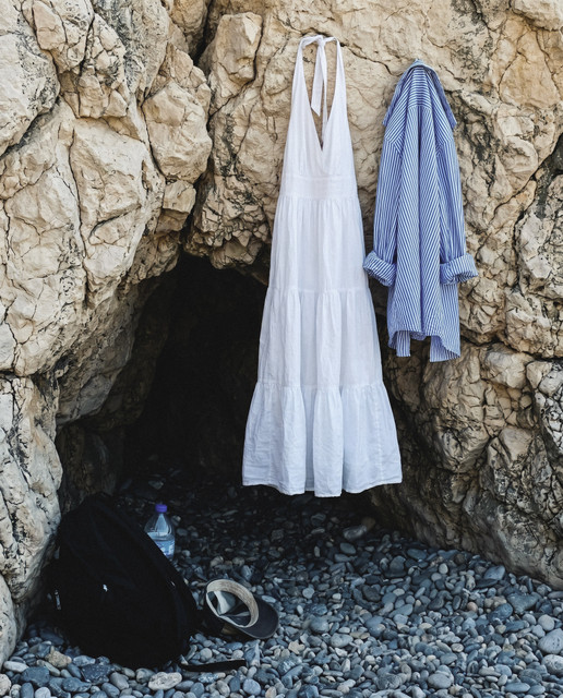 Coastal Serenity: White Maxi Dress & Striped Cover-Up Editorial Photoshoot References