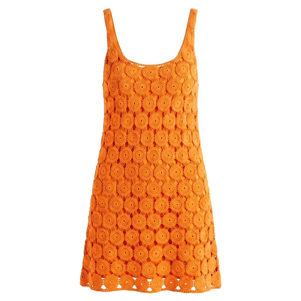 Square Amazon-style main image of an orange crochet dress as a ghost mannequin on a pure white frame
