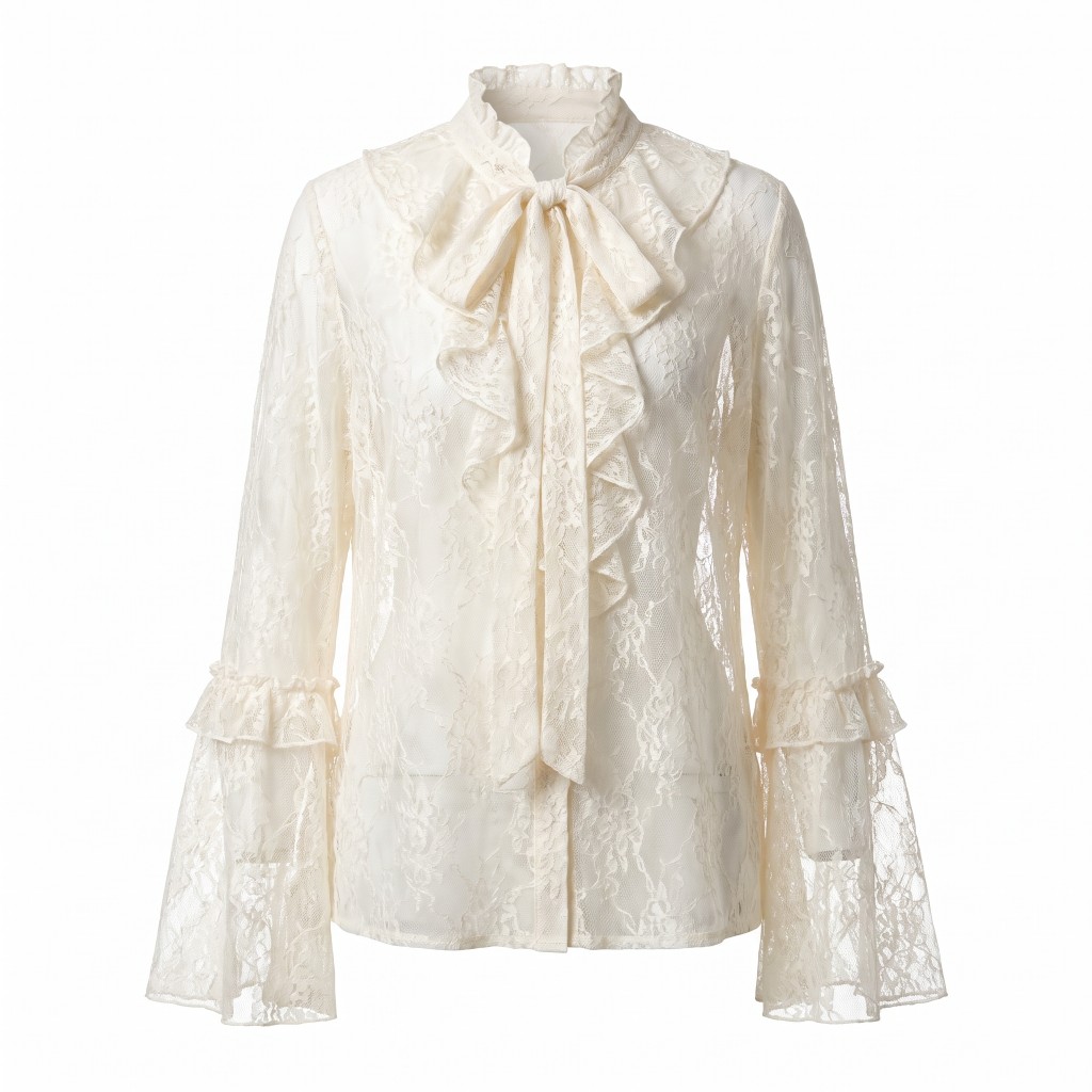 Ivory lace bow blouse as a ghost mannequin shot, fabric still translucent against pure white