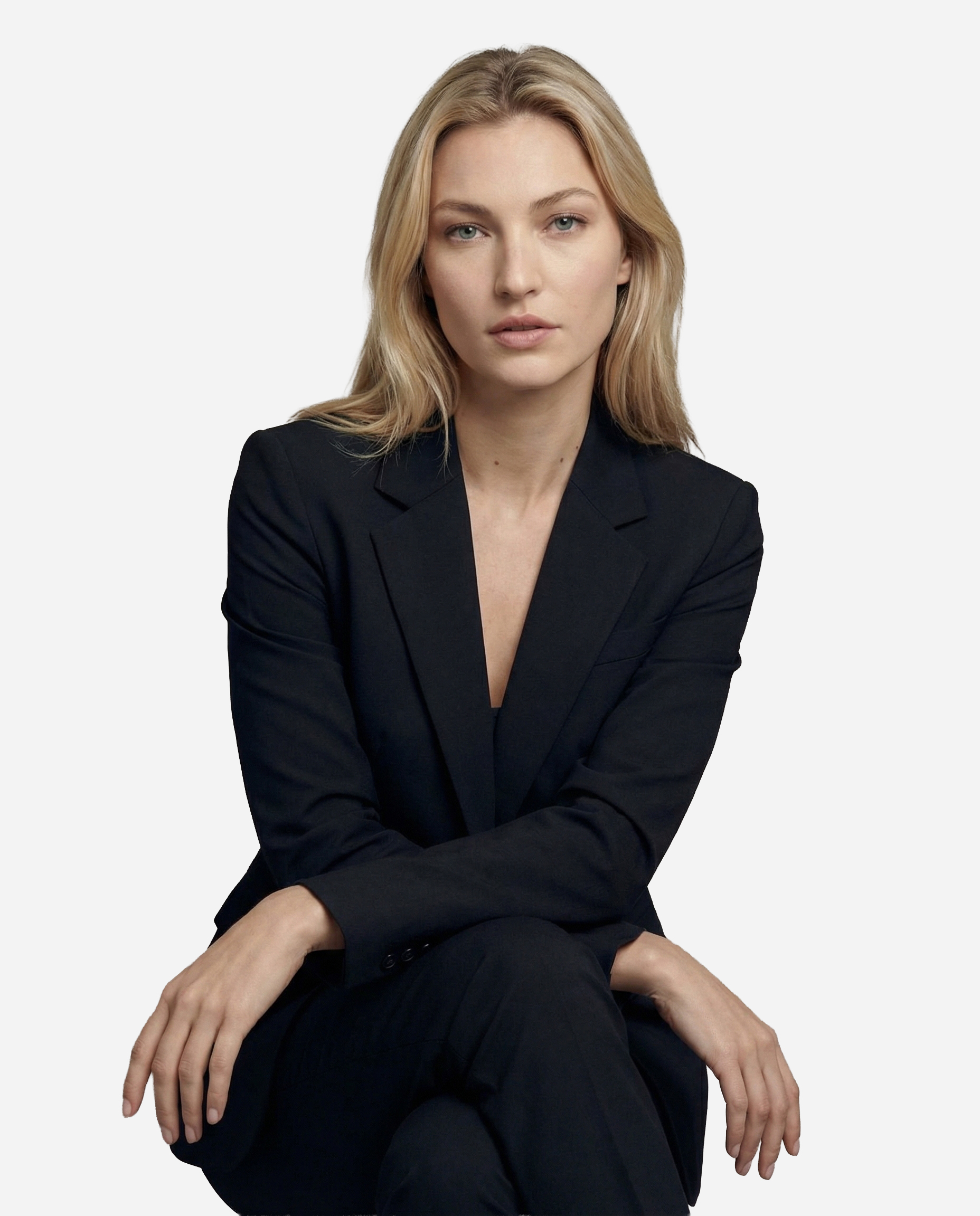 Seated Lean Forward pose example for female AI fashion model